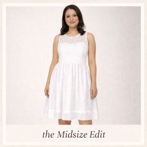 Eliza J White Eyelet Dress | Fit & Flare Midi | Feminine Summer Occasion Size 8